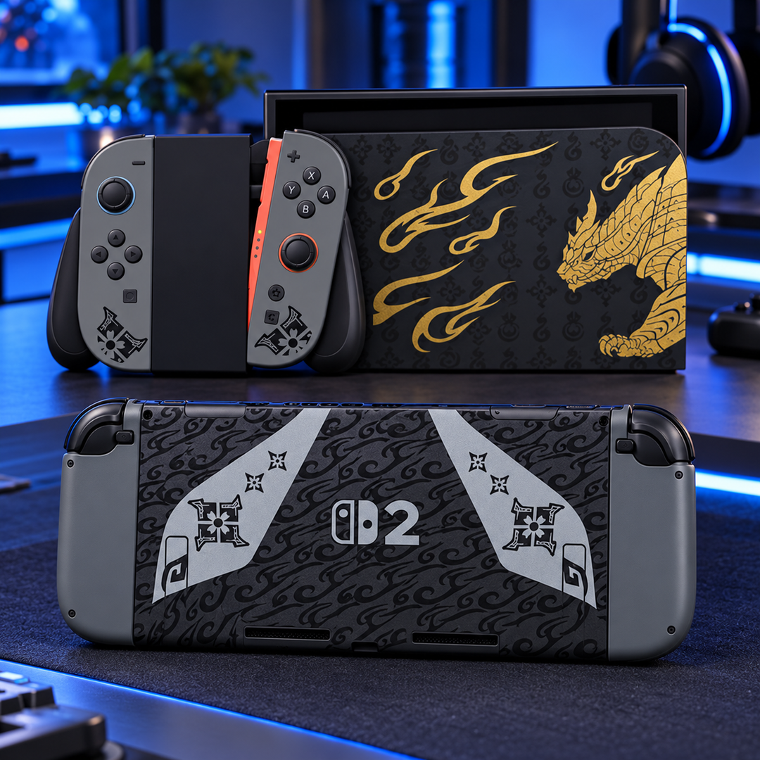 Monster Hunter Rise Charcoal Gold Skin for Nintendo Switch 2 — lifestyle mockup; skin only