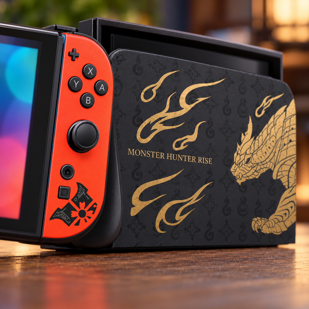 Monster Hunter Rise Neon Duo Skin for Nintendo Switch 2 — detail mockup; skin only