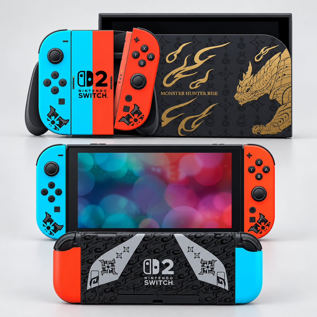 Monster Hunter Rise Neon Duo Skin for Nintendo Switch 2 — hero mockup; skin only