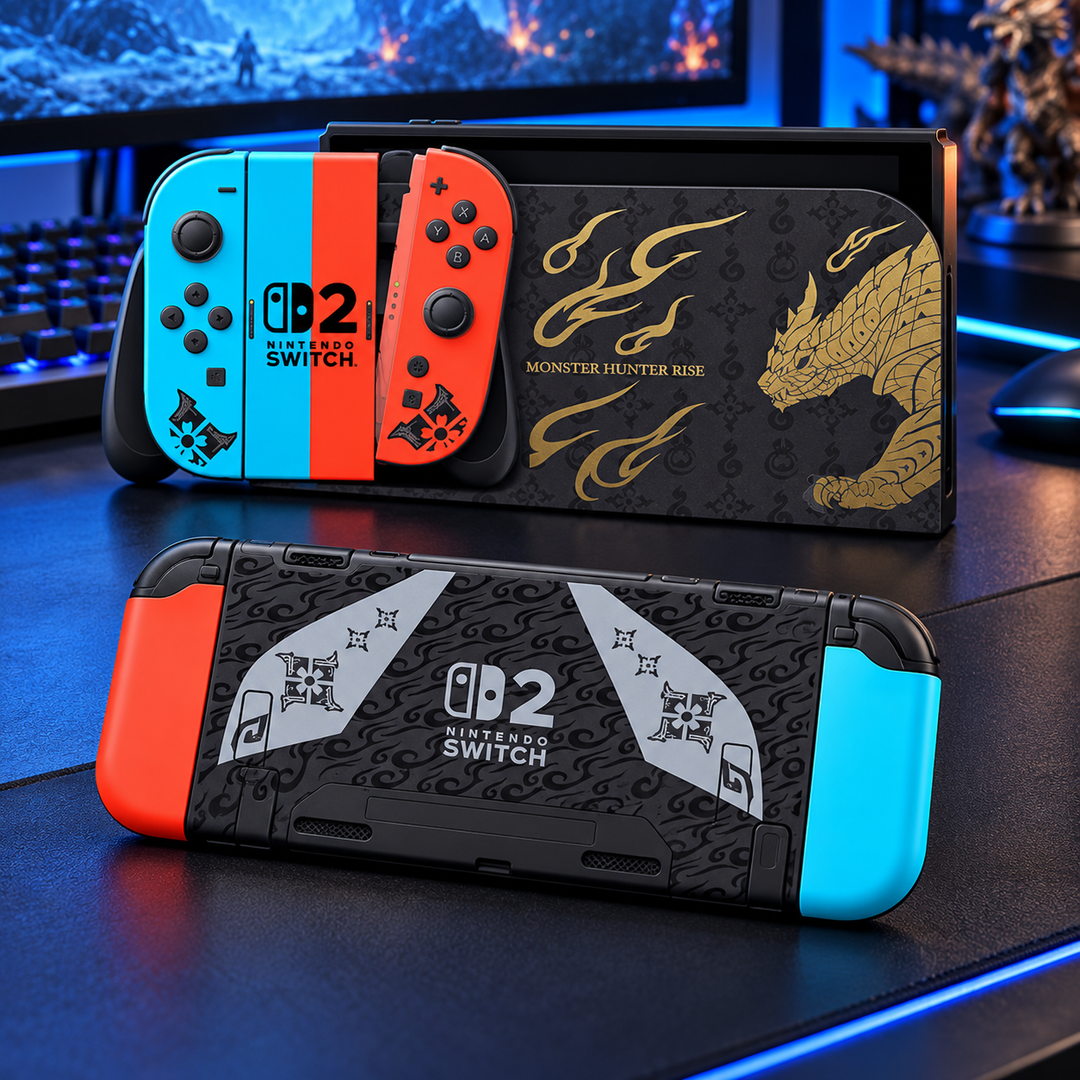 Monster Hunter Rise Neon Duo Skin for Nintendo Switch 2 — lifestyle mockup; skin only