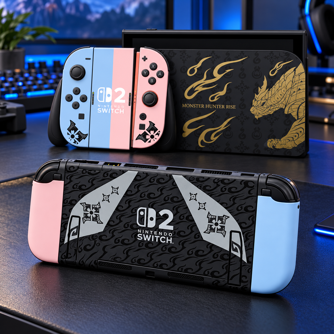 Monster Hunter Rise Pastel Duo Skin for Nintendo Switch 2 — lifestyle mockup; skin only