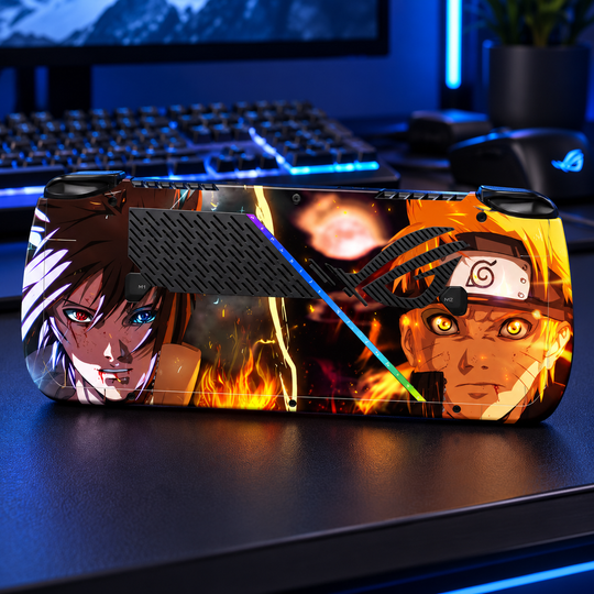 Naruto and Sasuke Rivalry Skin for ASUS ROG Ally X — lifestyle mockup; skin only