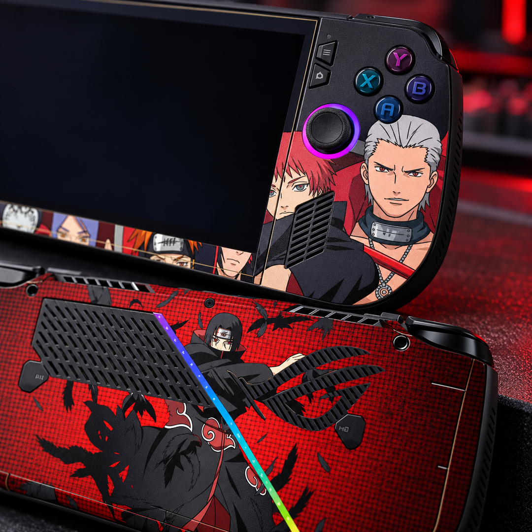 Naruto Itachi Crimson Skin for ASUS ROG Ally X — detail mockup; skin only