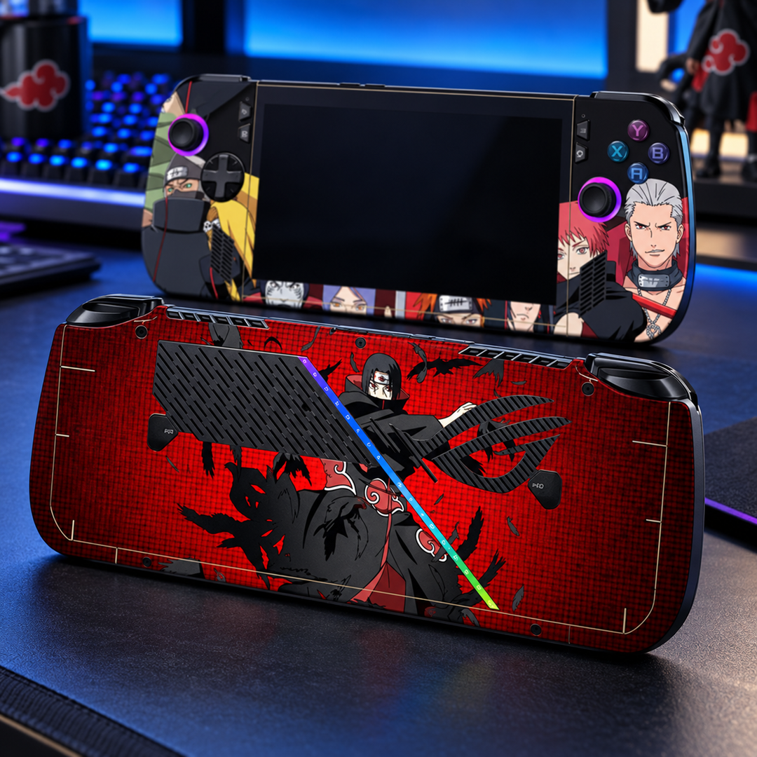 Naruto Itachi Crimson Skin for ASUS ROG Ally X — lifestyle mockup; skin only
