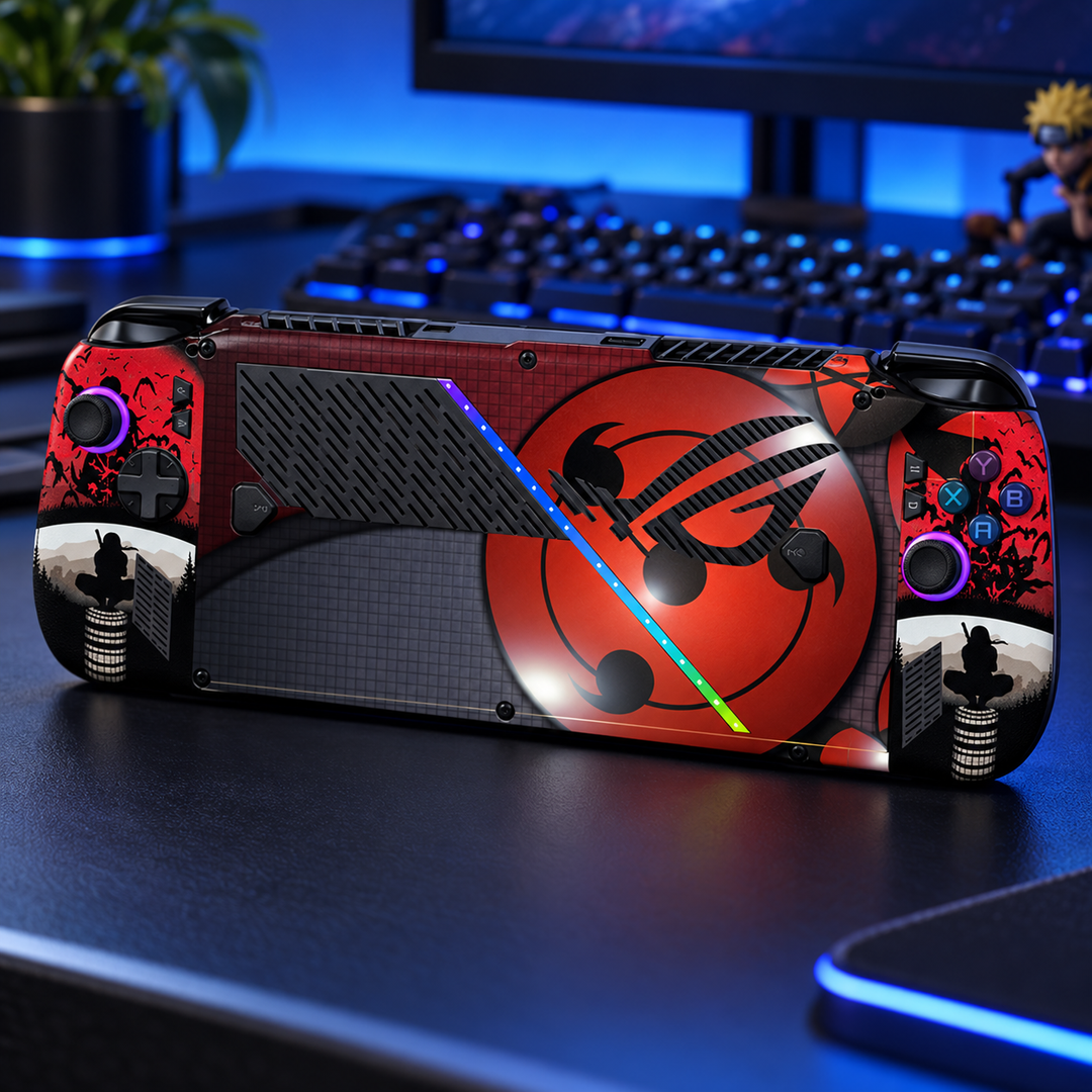 Naruto Sharingan Red Skin for ASUS ROG Ally X — lifestyle mockup; skin only