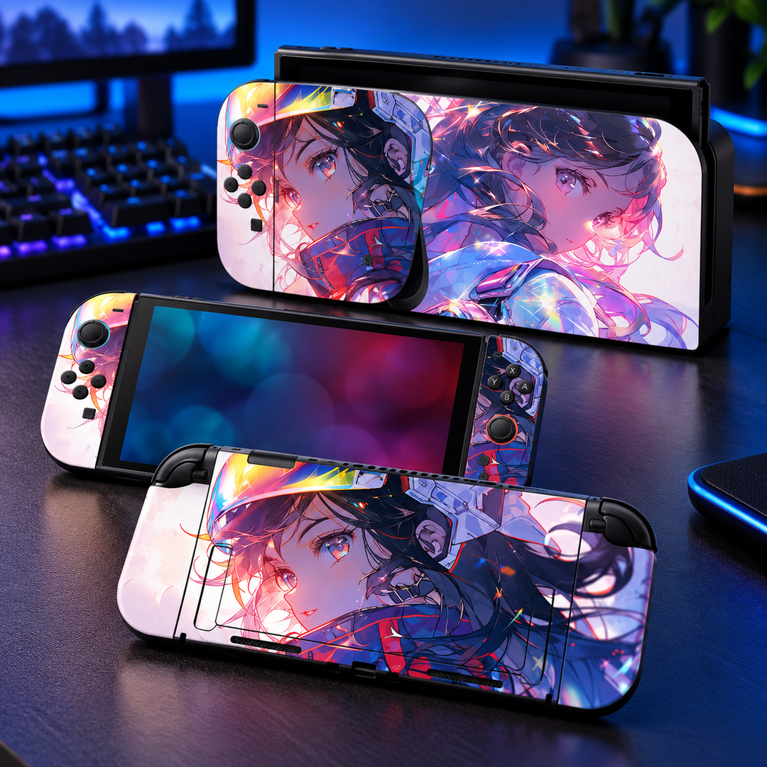 Neon Anime Dream Skin for Nintendo Switch 2 — lifestyle mockup; skin only