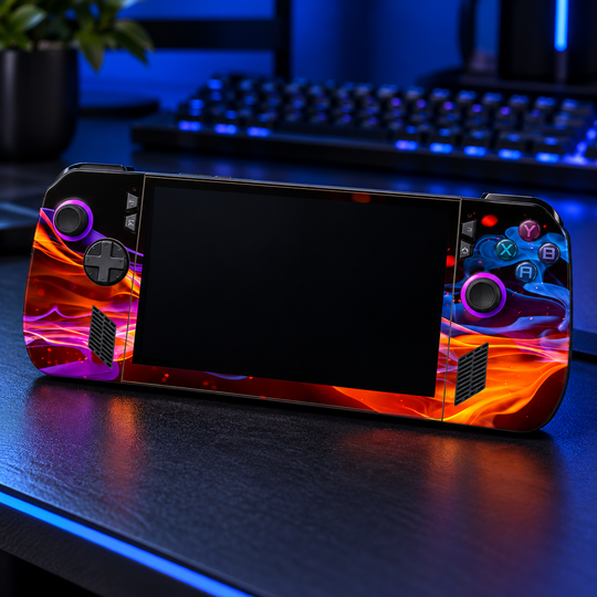Neon Flame Skin for ASUS ROG Ally X — lifestyle mockup; skin only