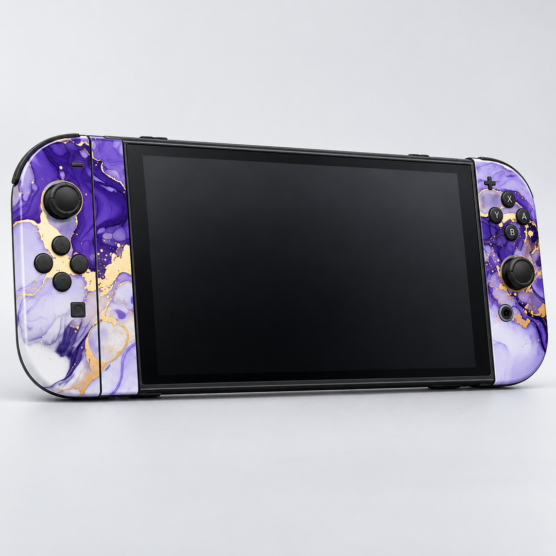 Purple Gold Marble Skin for Nintendo Switch 2 — hero mockup; skin only