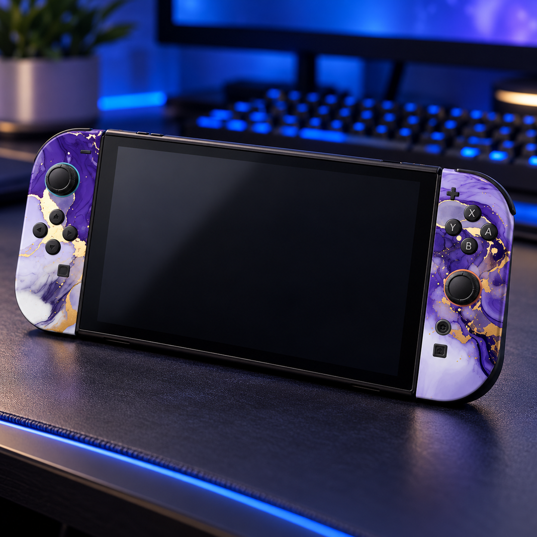 Purple Gold Marble Skin for Nintendo Switch 2 — lifestyle mockup; skin only