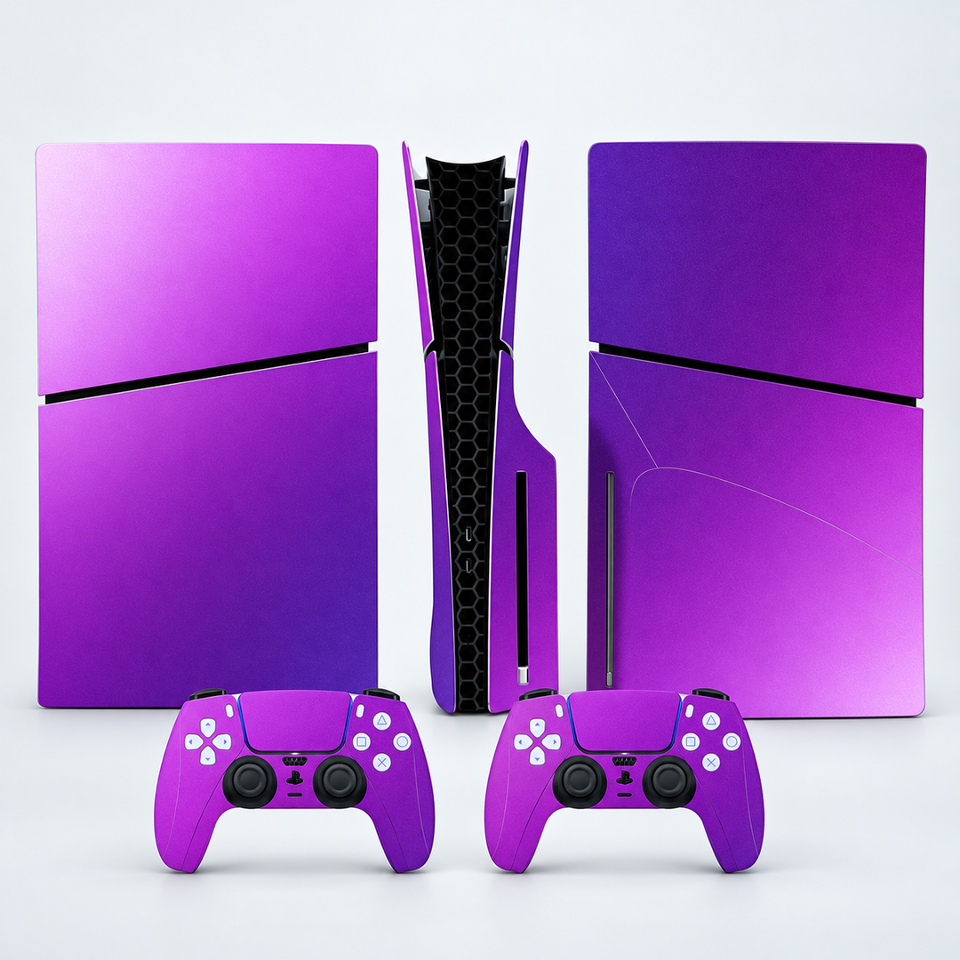 Purple Gradient Skin for PS5 Slim Disc Edition — studio mockup; skin only