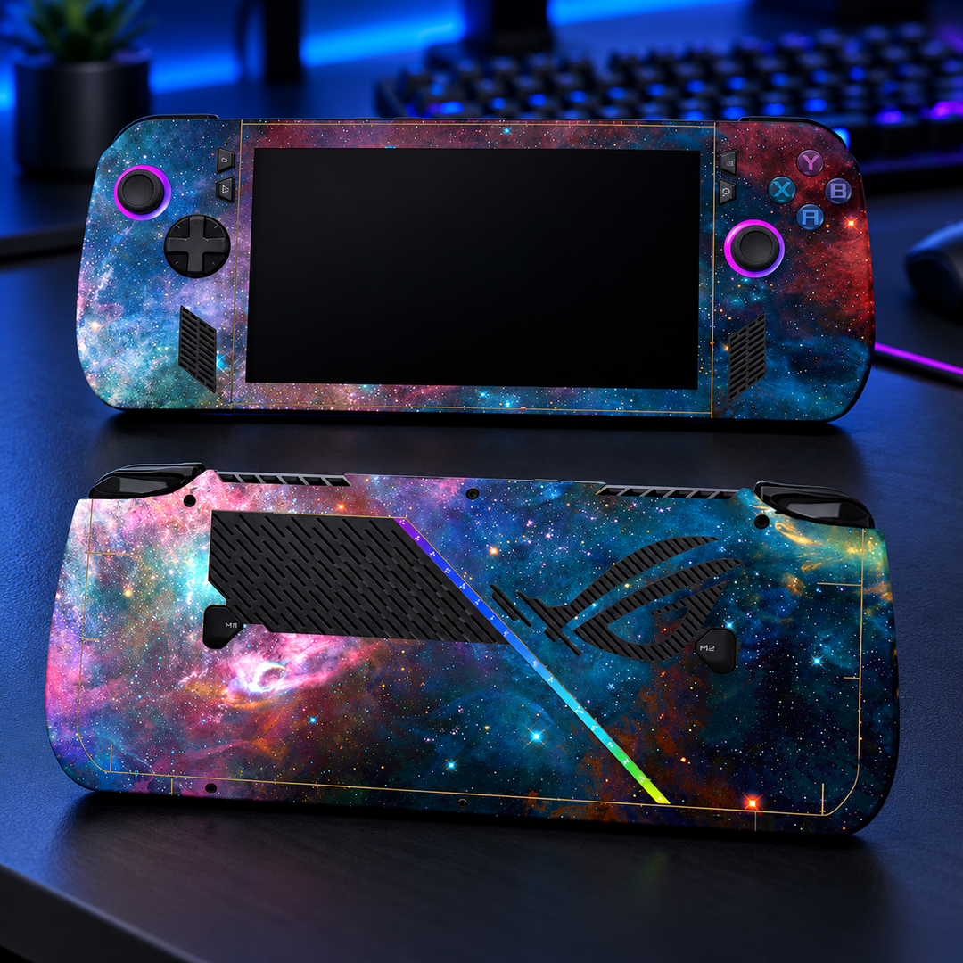 Rose Nebula Skin for ASUS ROG Ally X — lifestyle mockup; skin only