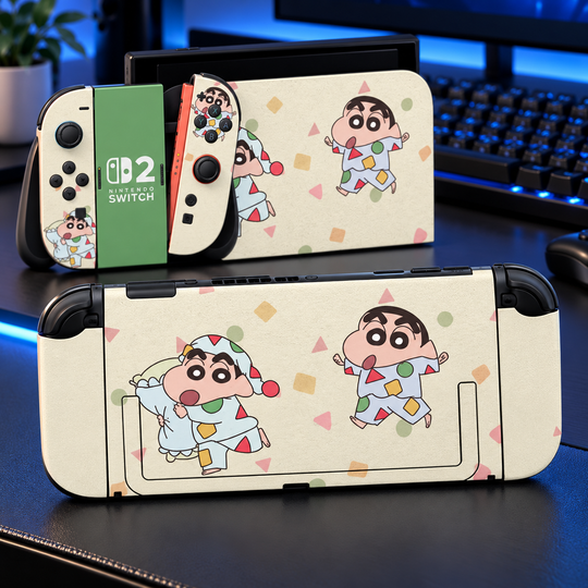 Shin-chan Playtime Skin for Nintendo Switch 2 — lifestyle mockup; skin only