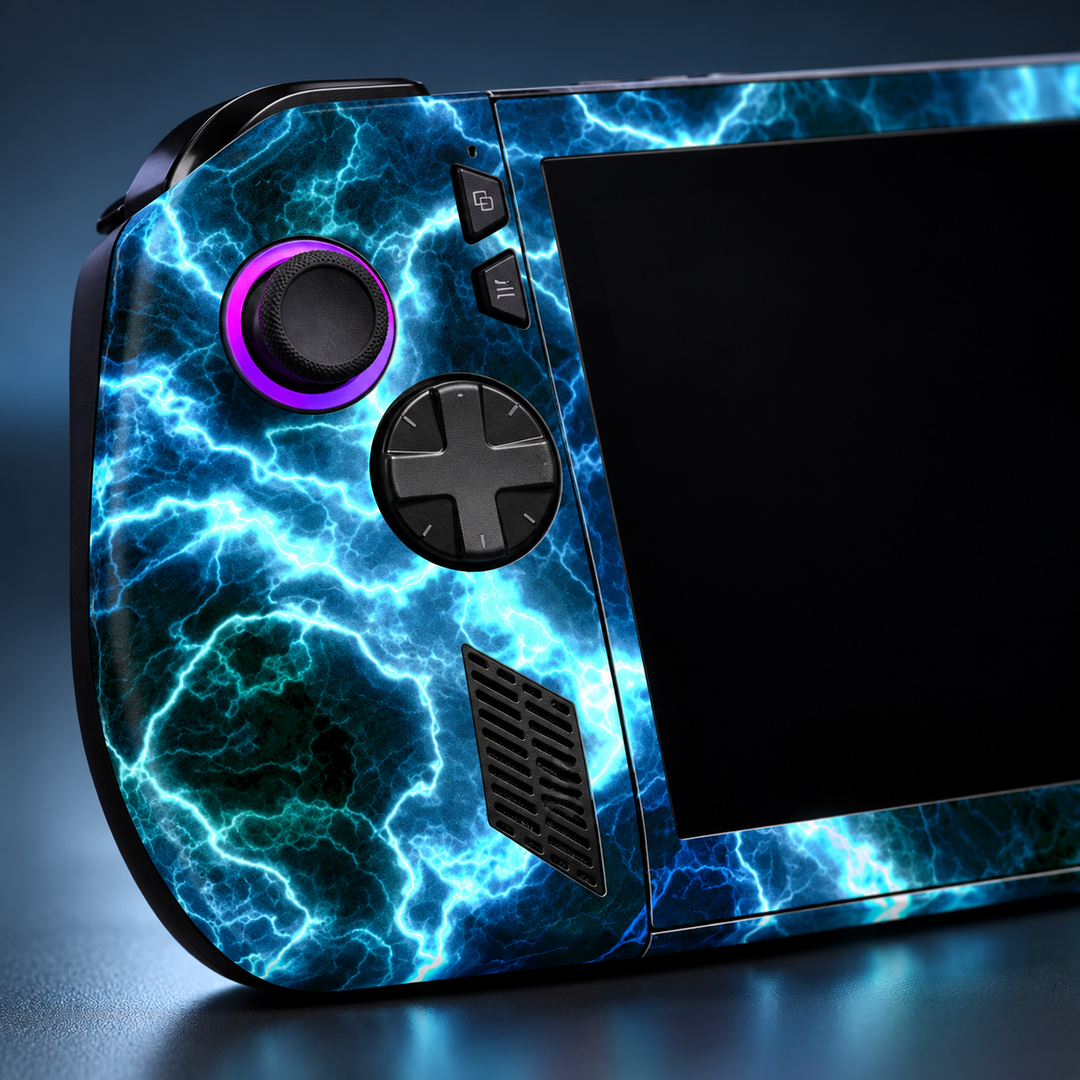 Teal Lightning Skin for ASUS ROG Ally X — detail mockup; skin only