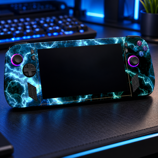 Teal Lightning Skin for ASUS ROG Ally X — lifestyle mockup; skin only