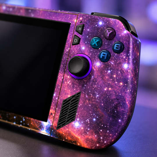 Violet Cosmic Stars Skin for ASUS ROG Ally X — detail mockup; skin only