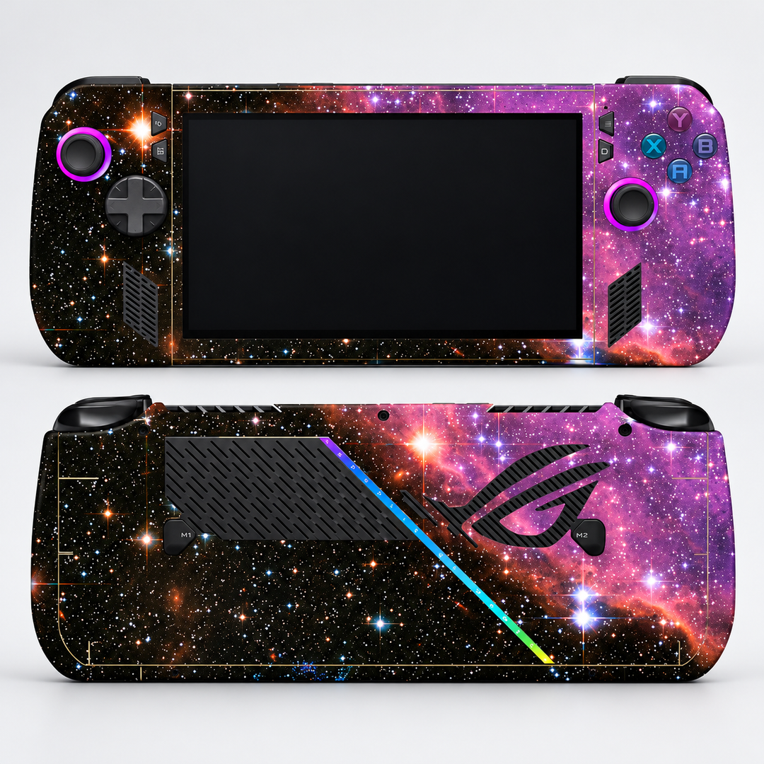 Violet Cosmic Stars Skin for ASUS ROG Ally X — hero mockup; skin only