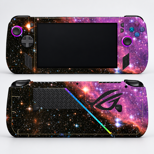 Violet Cosmic Stars Skin for ASUS ROG Ally X — hero mockup; skin only