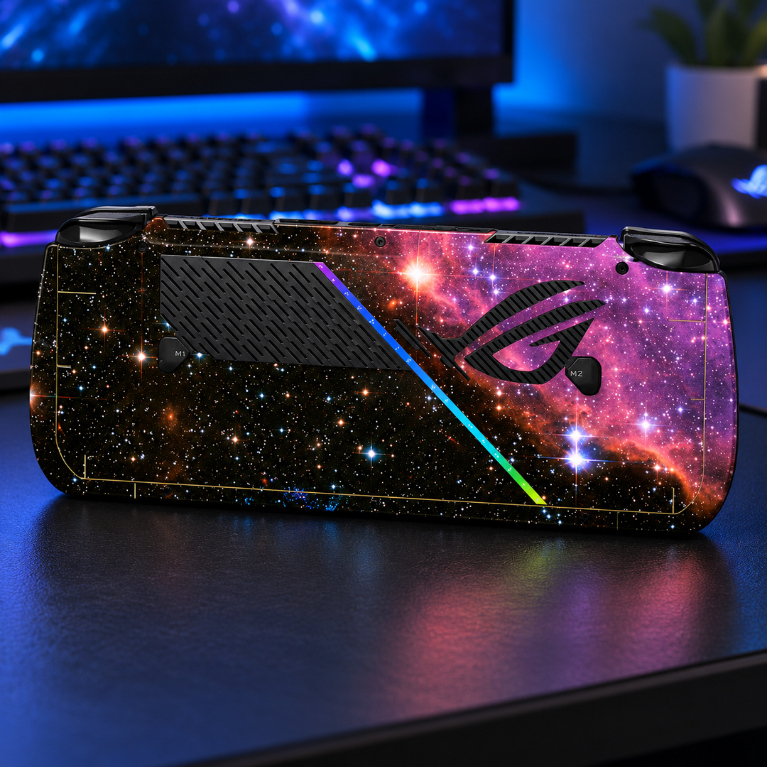 Violet Cosmic Stars Skin for ASUS ROG Ally X — lifestyle mockup; skin only
