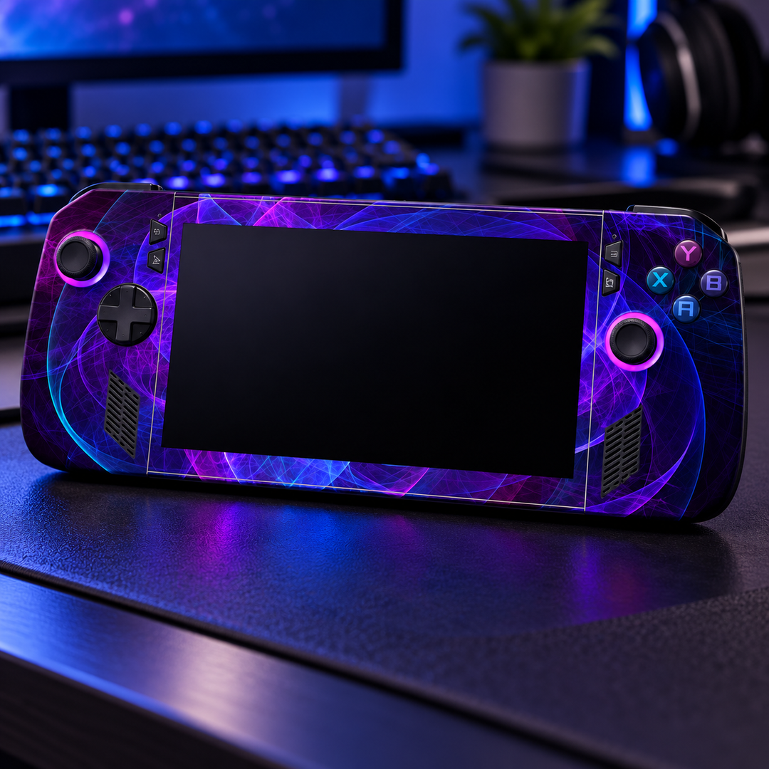 Violet Energy Skin for ASUS ROG Ally X — lifestyle mockup; skin only